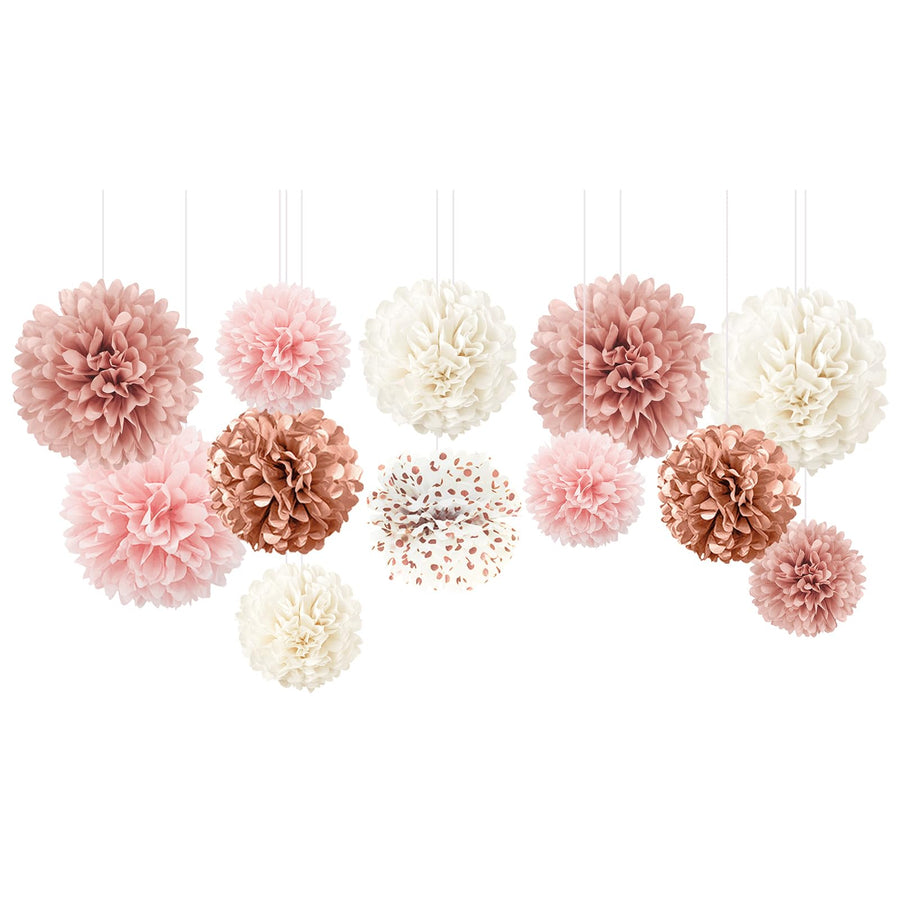 AOBKIAT Wedding Decorations Tissue Paper Pom Poms - 12 PCS Rose Gold Pink White Paper Flower Pom Pom Kit Decorations for Wedding Birthday Baby Shower Bachelorette Bridal Shower Party Supplies