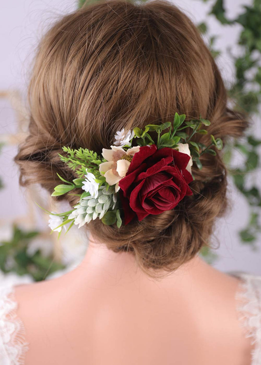 Bridal Flower Hair Comb Burgundy Dark Red Rose Cream Daisy Eucalyptus Greenery Headpiece for Rustic Wedding Photo Shoot Prom Party Festival