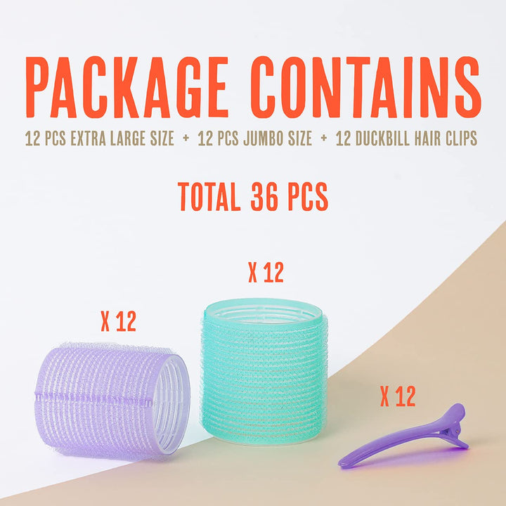 Self Grip Extra Large and Jumbo Hair Rollers with Clips | Hair Rollers for Long Hair | 36 pcs Set - 24 Rollers &amp; 12 Duckbill Clips – Violet &amp; Mint
