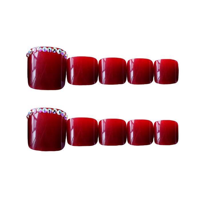 24pcs French Fake Toenails for Women Toes Square Acrylic False Toenails Full Cover Wine Red Feet Nails Stick On Toenails