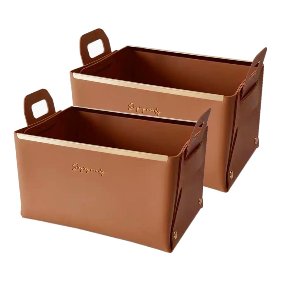 Decorative Faux Leather Basket,Small Catchall Basket for Entryway Bedside Dresser End table,Foldable Rectangle Tray Organizer Box,Set of 2,Caramel
