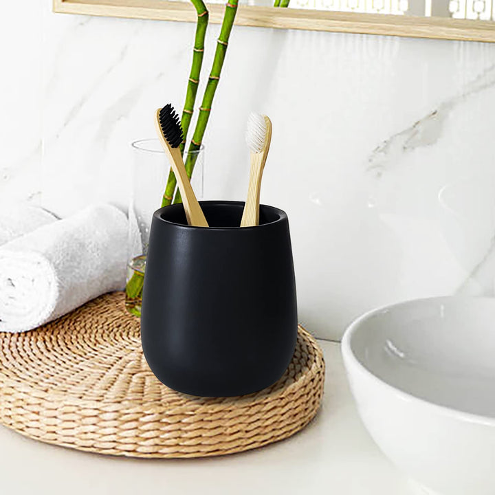 2 Pcs Matte Black Toothbrush Holders, Ceramic Tooth Brushing Organizer Stand for Toothpaste, Makeup Brush, Cutlery, Bathroom Decor, Countertop Dresser Storage