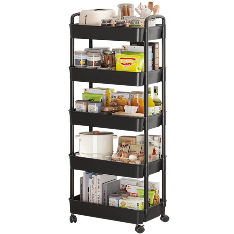 5-Tier Utility Cart with Lockable Wheels - Multipurpose Storage and Craft Organizer Cart for Bathroom, Laundry, Kitchen - Book, Art, Makeup, Diaper Cart in Black
