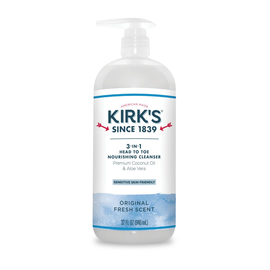 3-in-1 Castile Liquid Soap by Kirkââ‚¬â„¢s | Head-to-Toe Natural Shampoo, Face Soap & Body Wash for Men, Women & Children | Coconut Oil + Aloe Vera | Original Fresh Scent | 32 Fl Oz. Pump Bottle
