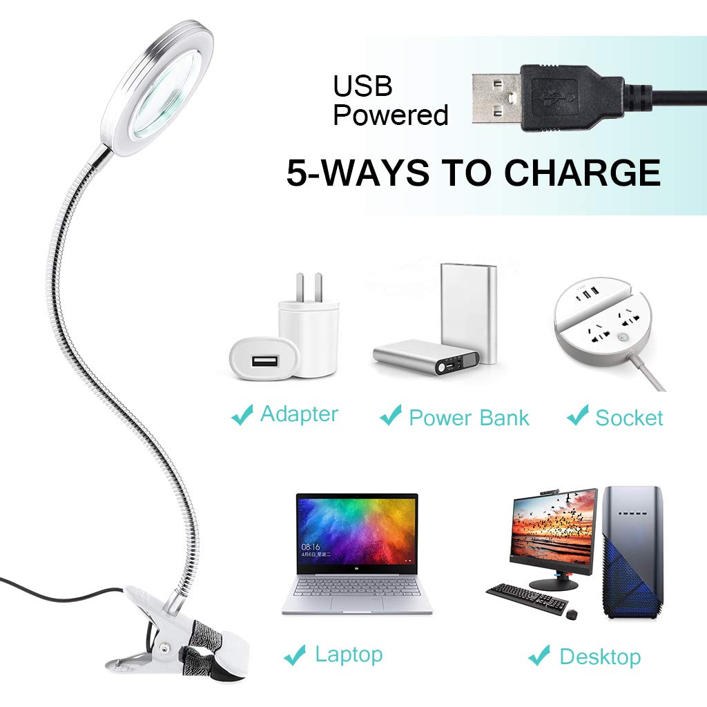 Magnifying Lamp, Tattoo Light Desk Lamp, LED Book Light with Clip, USB Bed Lamp for Reading, Tattoo, Make Up, Manicure
