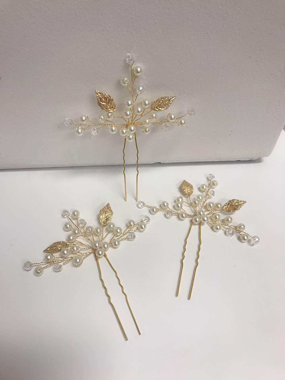 Bride Gold,Silver,Rose gold Leaves Hair Pins Wedding Hair Pins Clips Rhinestone Bridal Hair Piece Hair Accessories for Women Set of 3 (Gold)