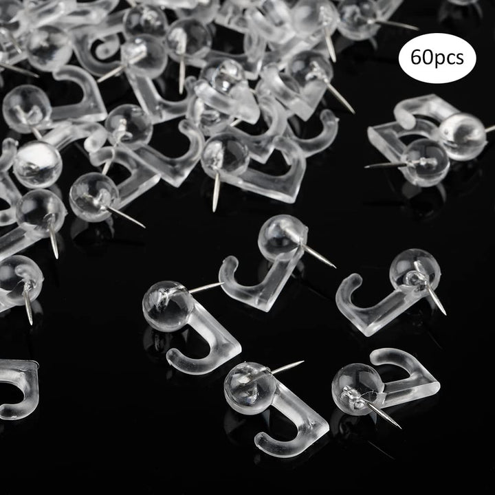 60Pcs Push Pin Hooks, Clear Thumb Tacks Wall Push Pins Plastic Heads Pin Tacks Decorative Push Pins with Hooks for Cork Board, Bulletin Board, Map, Calendar, Wall Hangings