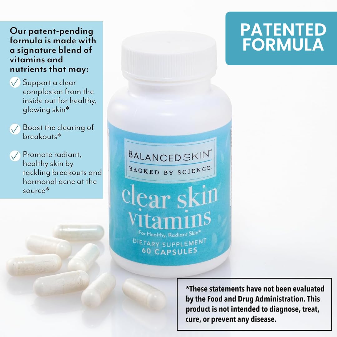 Clear Skin Vitamins for Women &amp; Men - Supplement for Healthy Glowing Skin and Acne Control* - Patented and Dermatologist Developed Hormonal &amp; Cystic Acne Pills