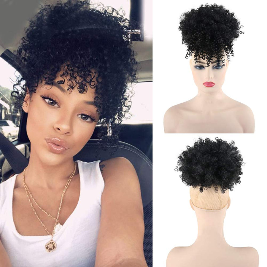 High Afro Puff Drawstring Ponytail Bun with Bangs for Black Women Short Afro Kinky Curly Ponytail Extension Clip in Hair Extensions Pineapple Synthetic Black Ponytail with Two Clips(1B#)