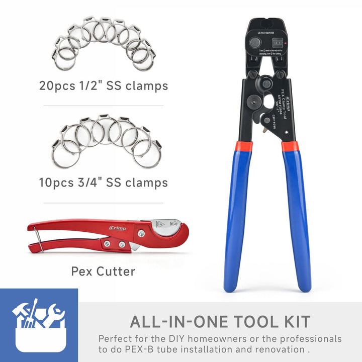 Ratchet PEX Cinch Tool with Removing function for 3/8 to 1-inch Stainless Steel Clamps with 20PCS 1/2-inch and 10PCS 3/4-inch PEX Clamps and Pipe Cutter- All in One
