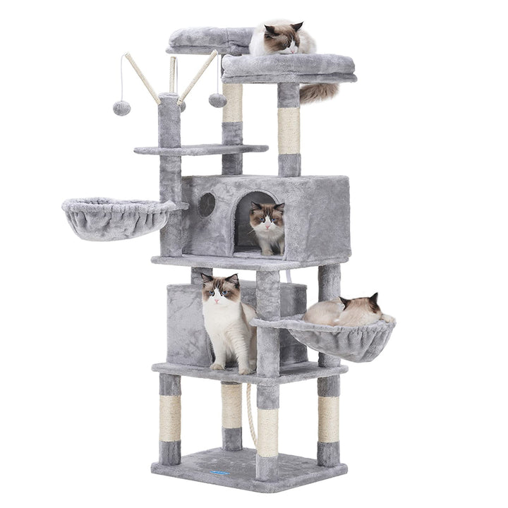 Cat Tree,Cat Tower,Cat Condo with Scratching Posts,Basket,2 Caves,2 Plush Perches,Activity Center with Removable Fur Ball Sticks,Light Grey MPJ027W