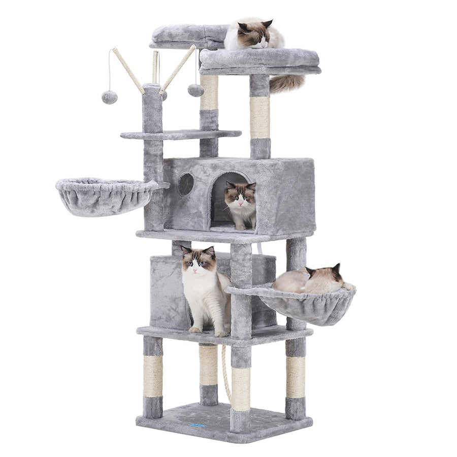 Cat Tree,Cat Tower,Cat Condo with Scratching Posts,Basket,2 Caves,2 Plush Perches,Activity Center with Removable Fur Ball Sticks,Light Grey MPJ027W