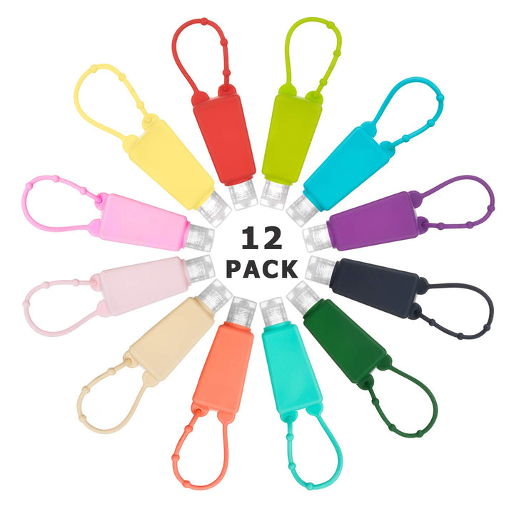 12 Pcs Silicone Hand Sanitizer Holder with Keychain for Backpack,Travel Size 1oz/30mL Empty Bottles with Silicone Sleeves,Portable Bulk,Transparent Multi-function Squeeze Containers with Flip Cap