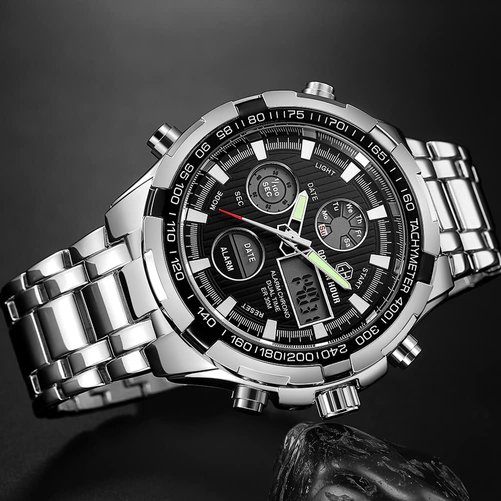 GOLDEN HOUR Luxury Stainless Steel Analog Digital Watch