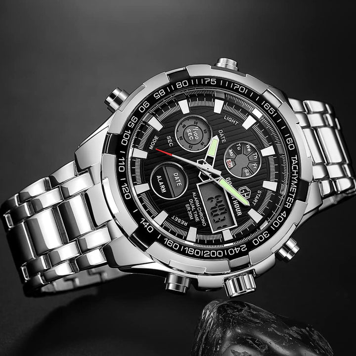 GOLDEN HOUR Luxury Stainless Steel Analog Digital Watch