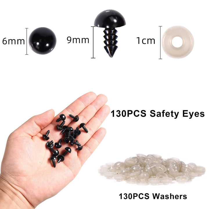 Safety Eyes 260PCS 6mm Plastic Black Craft Eyes with Washers Teddy Bear Eyes for Amigurumi Stuffed Animals Crochet Toys Crafts Making Halloween Decorations