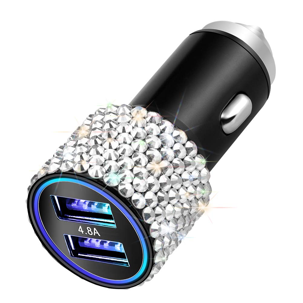Otostar Dual USB Car Charger, 4.8A Output, Bling Crystal Diamond Car Decorations Accessories Fast Charging Adapter for iPhones Android iOS, Samsung Galaxy, LG, Nexus, HTC (Silver)