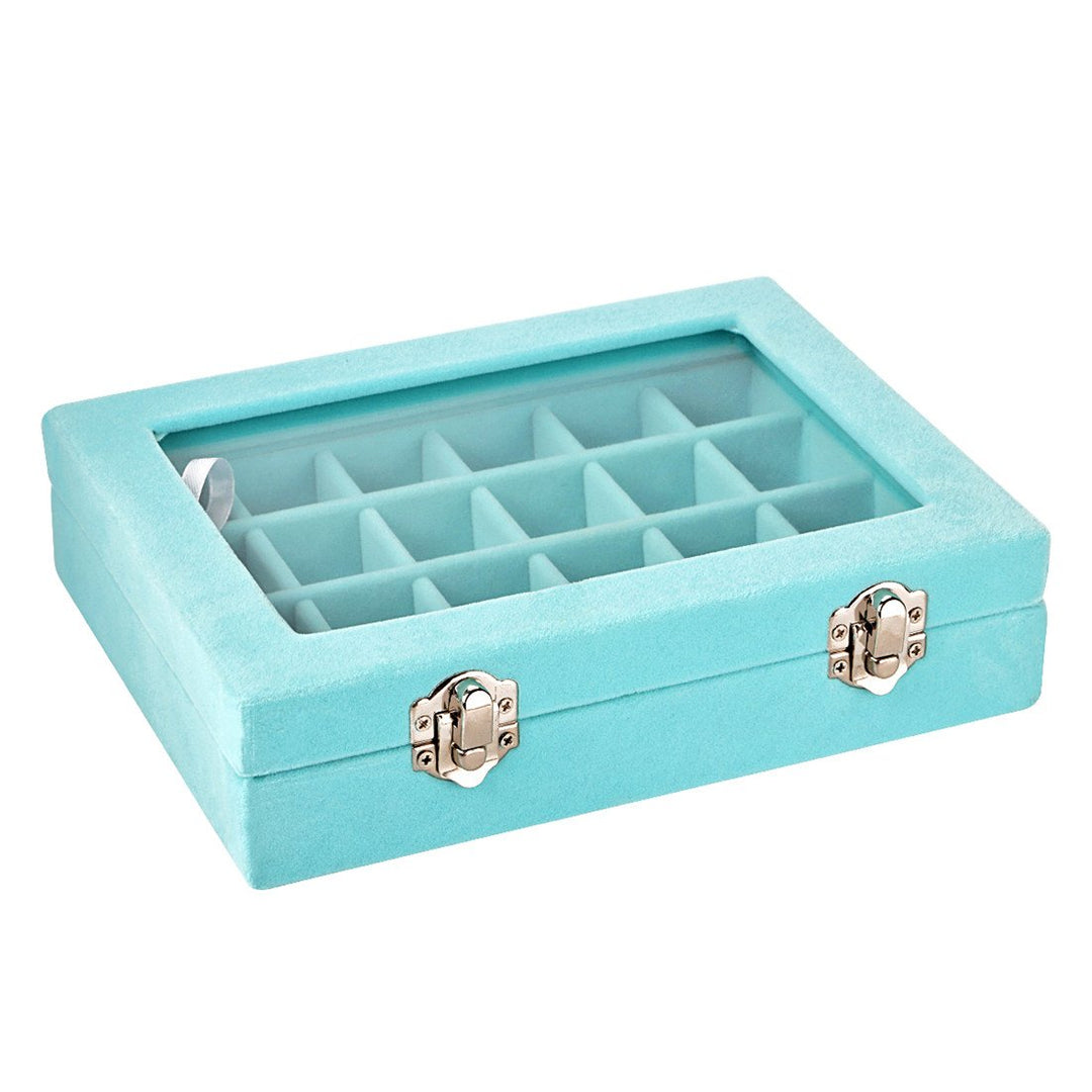 24 Grid Velvet Glass Jewelry Box Jewellery Organiser Earring Ring Storage Holder Case Box (Sky Blue)