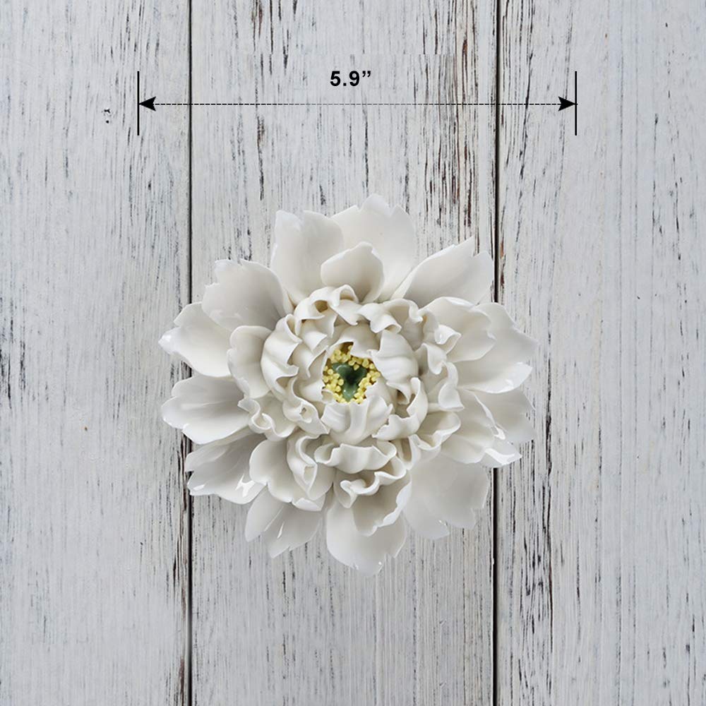 Handmade Ceramic Flowers Sculpture Home Hanging 3D Wall Art Decor for Living Room Bedroom White Peony 5.9