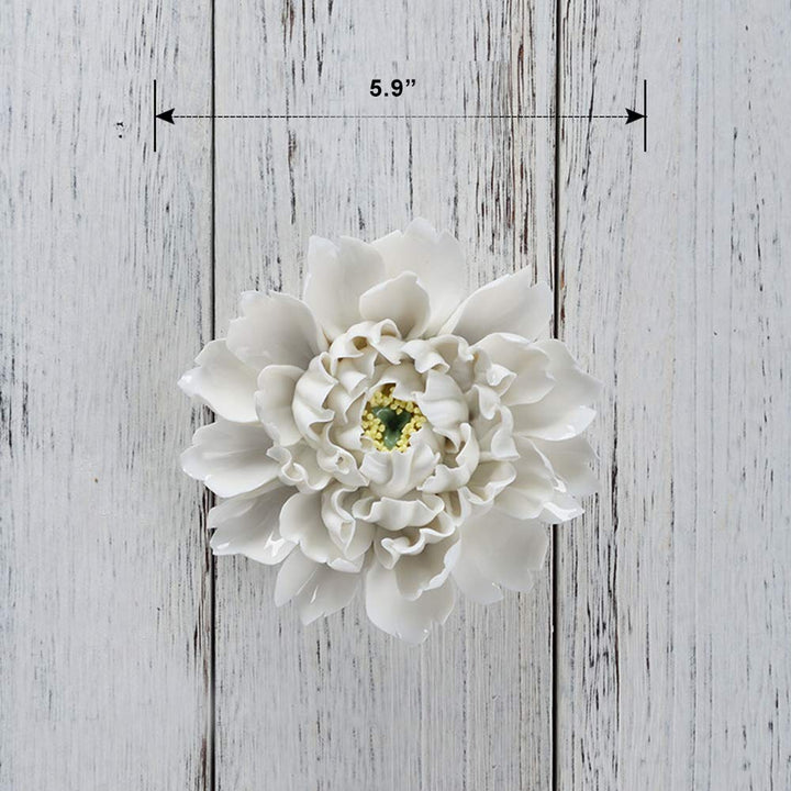 Handmade Ceramic Flowers Sculpture Home Hanging 3D Wall Art Decor for Living Room Bedroom White Peony 5.9