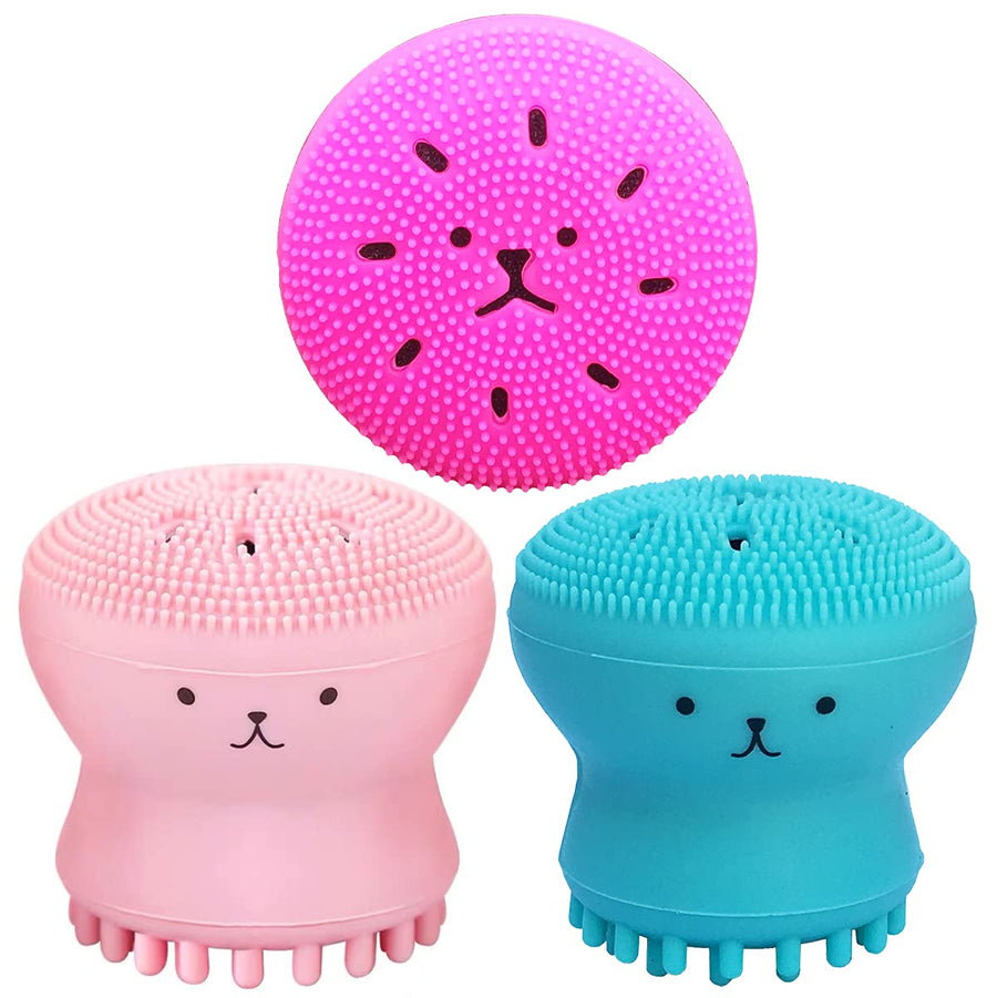 Facial Cleansing Brush Silicone Handheld Face Brush and Massager ï¼Å’Octopus-Shaped Cleansing Brush for Deep Cleaning Gentle Exfoliating Skin Massage (Red+Blue(2Pcs)) (Pink+Blue)