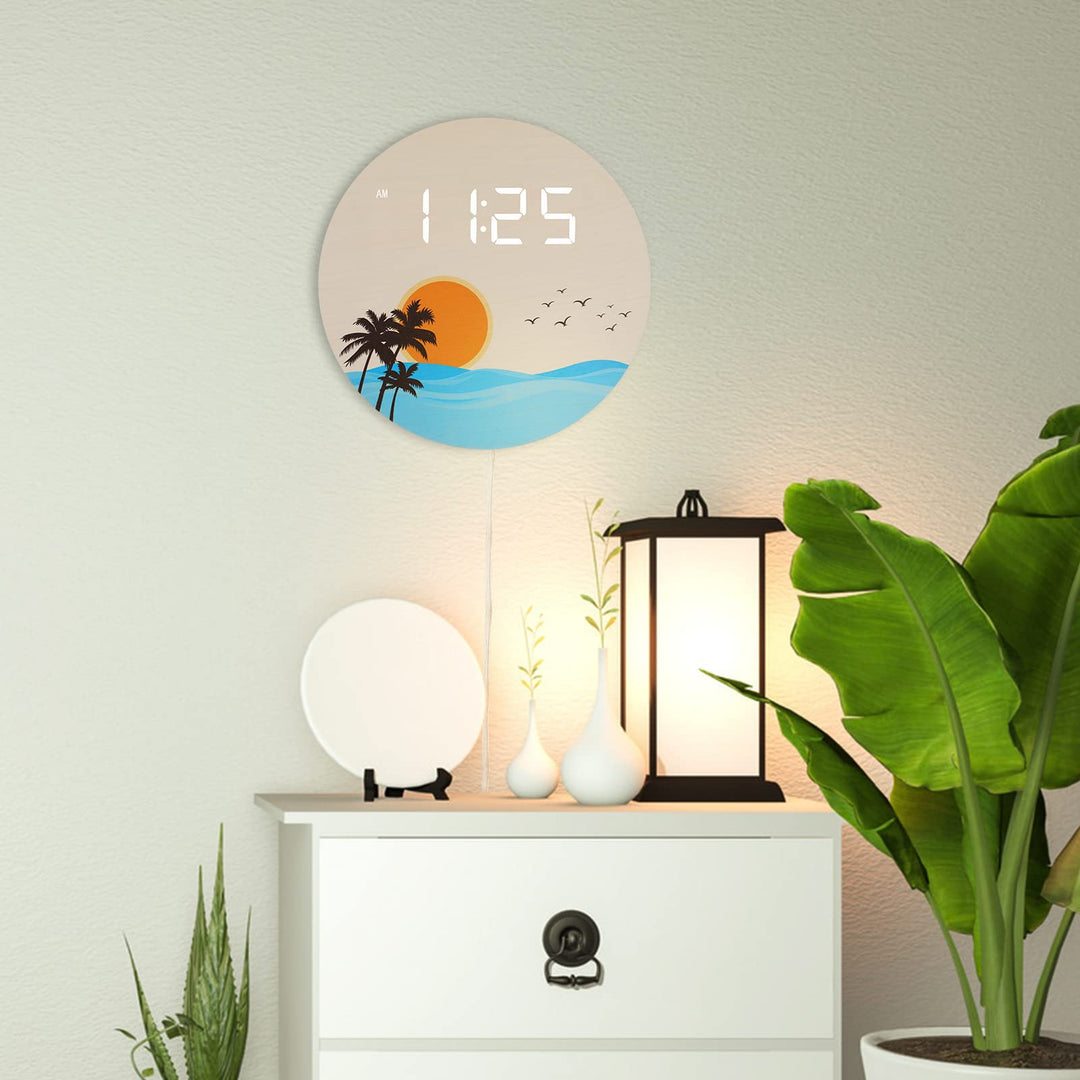 DMDMBSR USB Plug in Digital Wall Clock, Sunset Ocean Wa