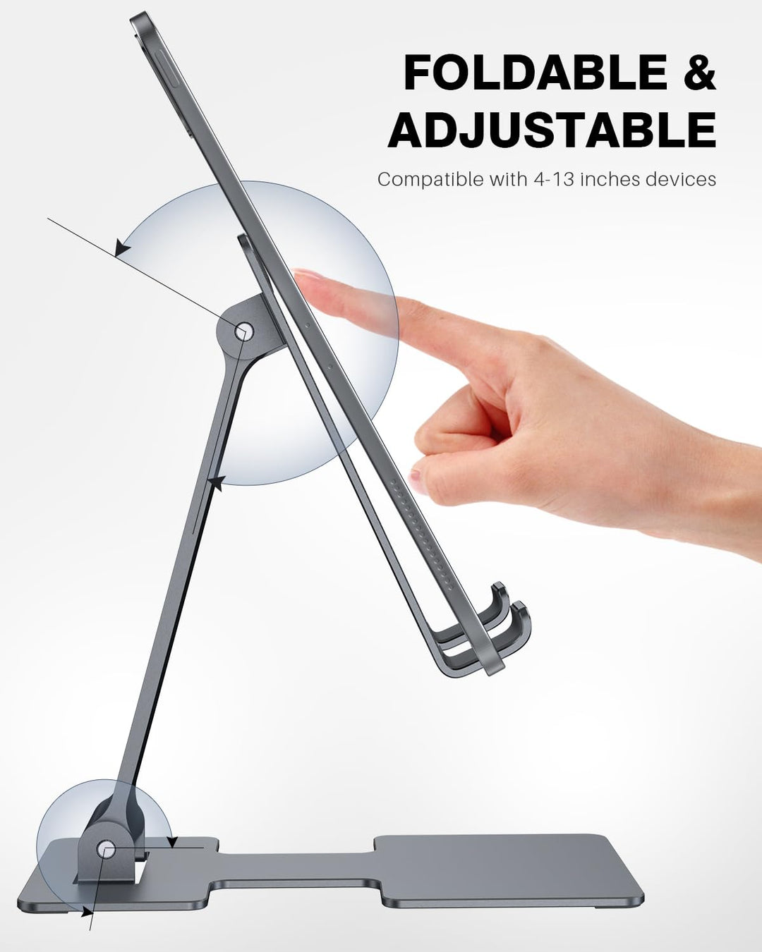 Tablet Stand,Adjustable Tablet Holder for Desk,Foldable Aluminium for iPad Stand Dock Holder for iPad Air 5/4/Mini 6/Mini 5/10.2/Pro 12.9/Pro 11,Portable Monitor,Surface (4-13 inch)-Grey