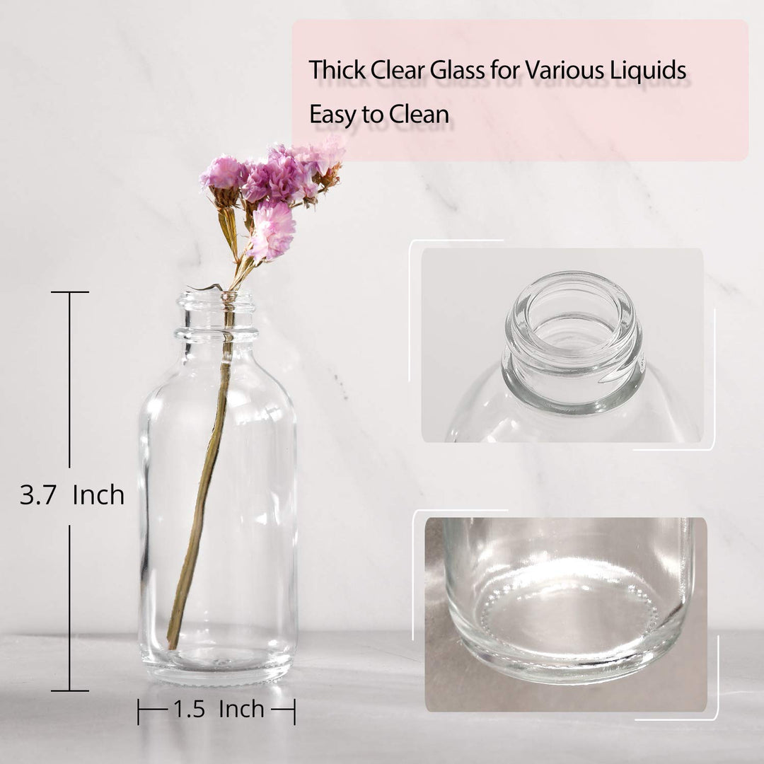 12 Pack, 2 oz Small Clear Glass Bottles w/ Lid & 3 Stainless Steel Funnels - 60ml Boston Sample Bottles - Mini Travel Essential or Decorative Bottles for Potion, Juice, Wellness, Ginger Shots, Whiskey