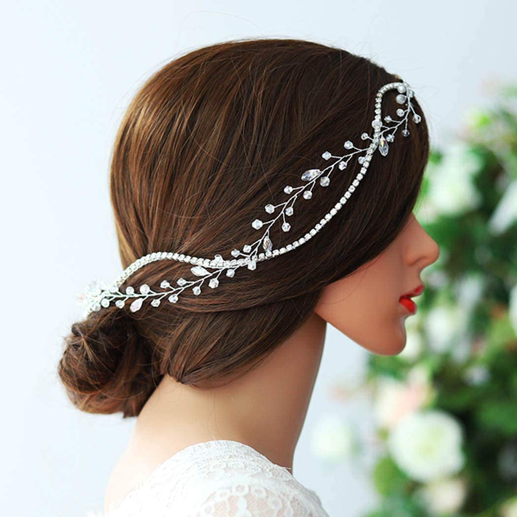 Wedding Hair Vine with Ribbon Headband Silver Rhinestone Chain Crystal Wreath Crown Bridal Flower Vine Accessories Wedding Hairstyle for Bride and Bridesmaid - 15.74inches