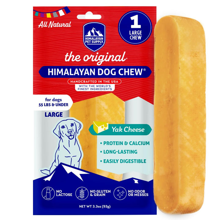 Original Yak Cheese Dog Chew, 1 Large Stick, 3.3 oz, Gluten Free, Healthy Dog Treats, Grain &amp; Lactose Free 100% Natural, Long Lasting Dog Chews for Dogs Under 55 lbs