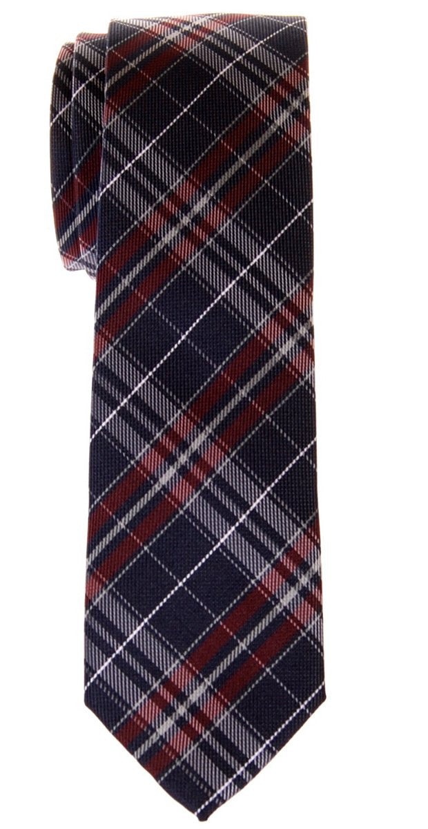 Stylish Plaid Checkered Woven Microfiber Skinny Tie - Navy Blue and Burgundy