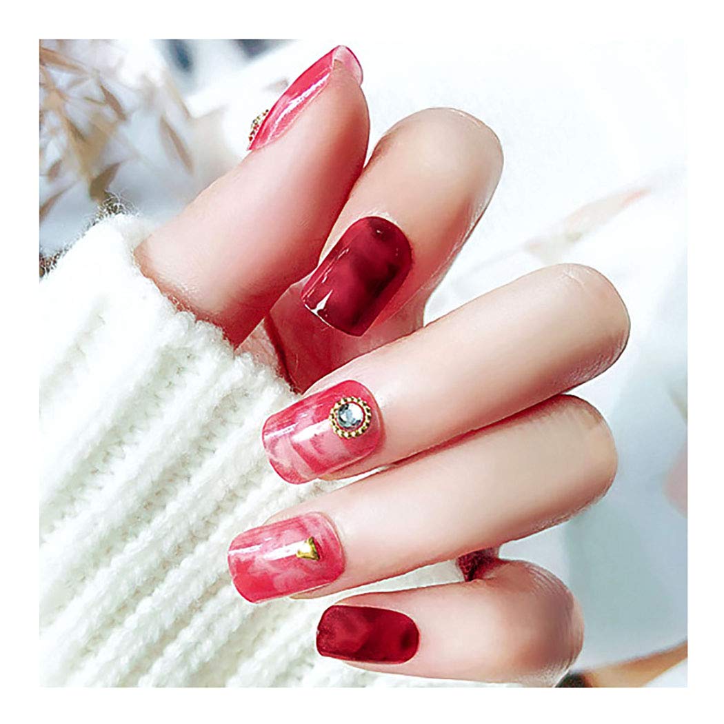 False Nails Bling Rhinestone Pink Marble Full Cover Acrylic Fake Nails Fashion Party Clip on Nails for Women and Girls