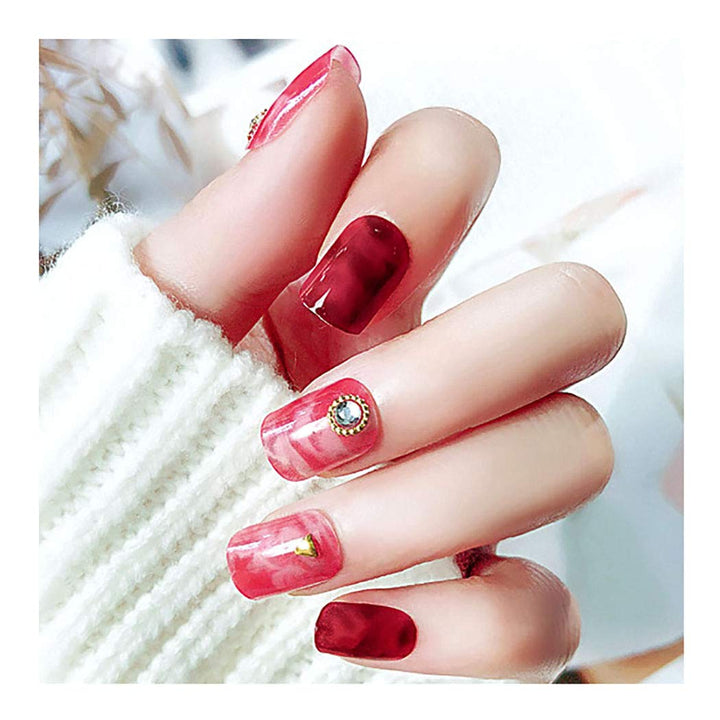 False Nails Bling Rhinestone Pink Marble Full Cover Acrylic Fake Nails Fashion Party Clip on Nails for Women and Girls