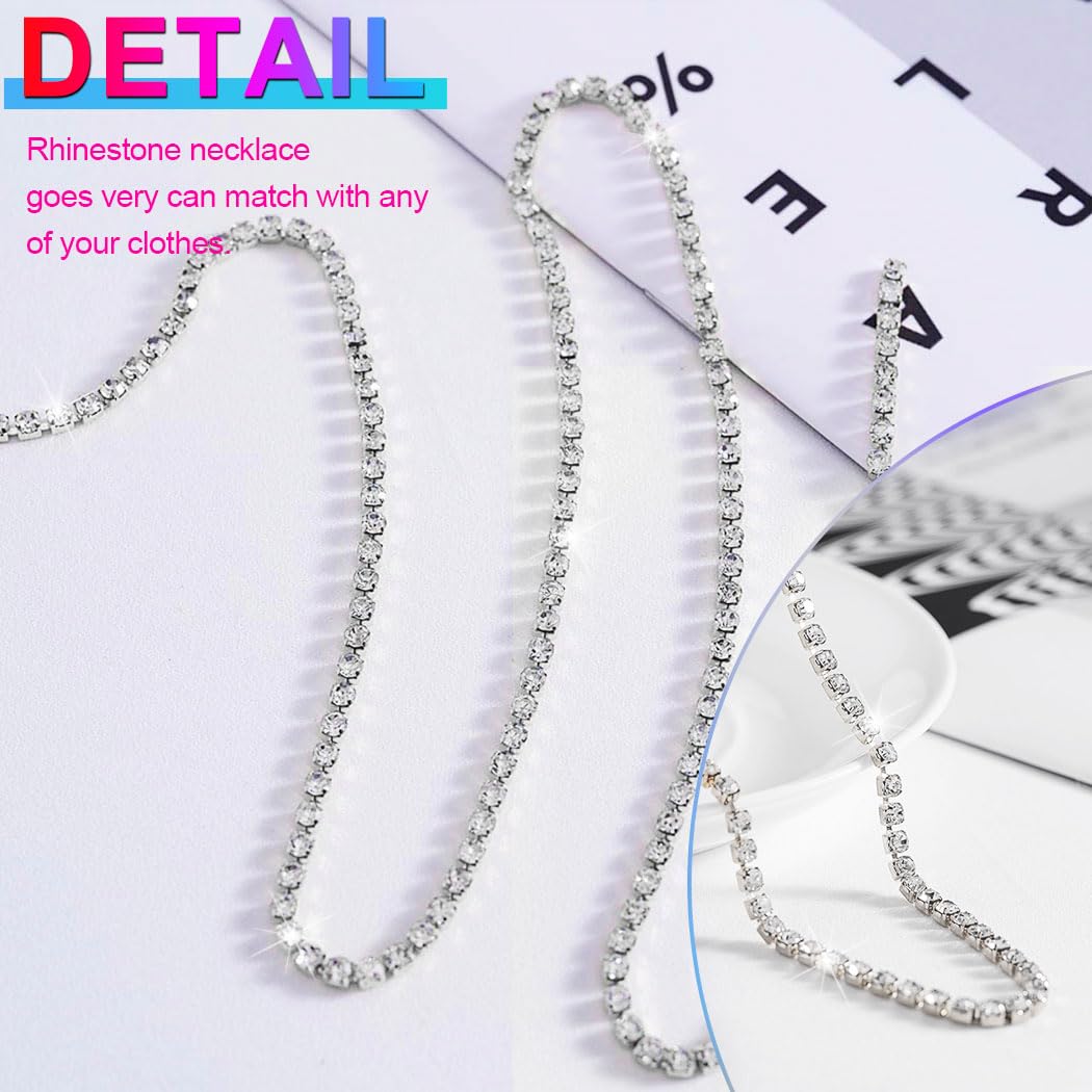 Rhinestone Long Necklace Jewelry Sparkly Crystal Choker Necklaces Sexy Beach Necklace Chain for Women (Silver)