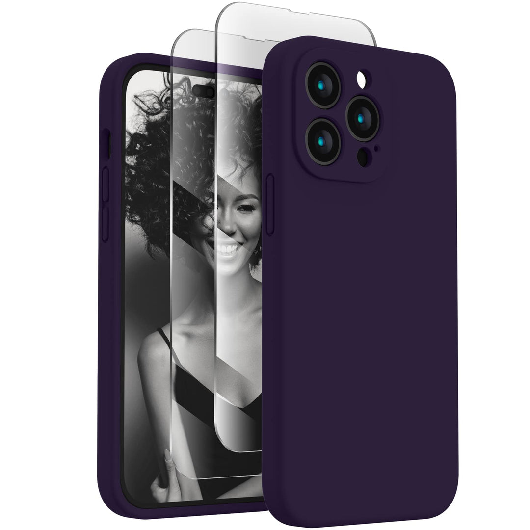 for iPhone 14 Pro Case, Silicone Upgraded [Camera Protection] Phone Case with [2 Screen Protectors], Soft Anti-Scratch Microfiber Lining Inside, 6.1 inch, Purple