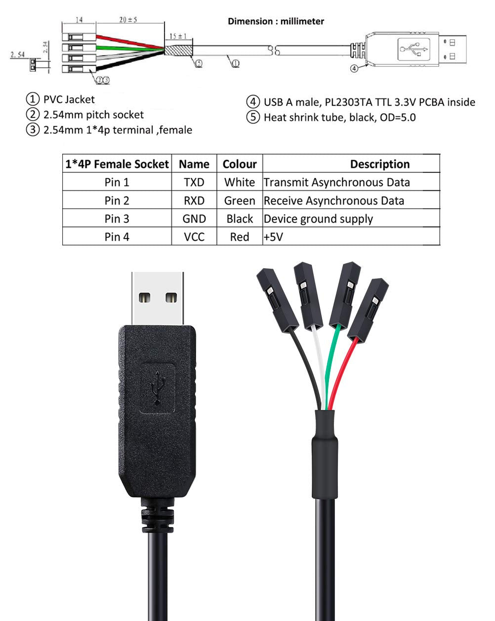 USB to TTL Serial 3.3V Adapter Cable TX RX Signal 4 Pin 0.1 inch Pitch Female Socket PL2303 Prolific Chip Windows 10 8 7 XP Vista (6ft, Black)