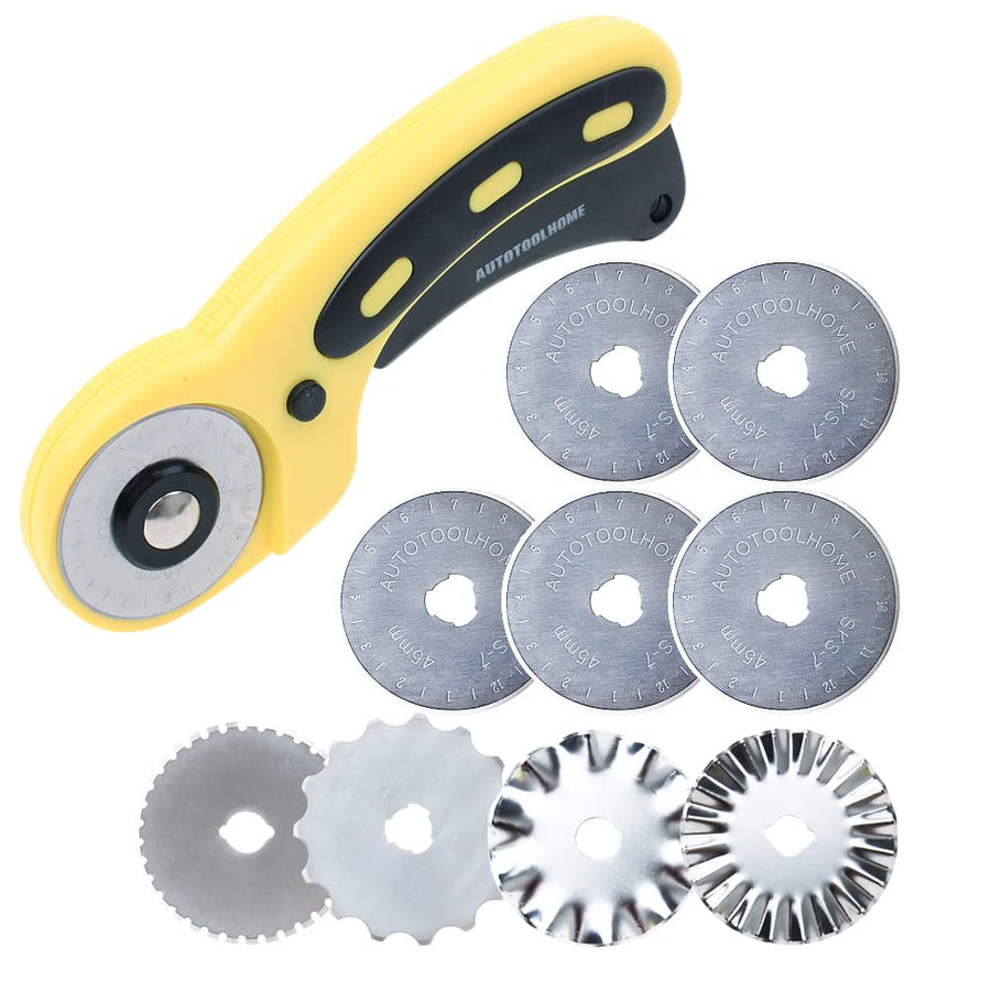 45mm Rotary Cutter Set with 9 Pack Replacement Rotary Blades Skip Rotary Blades Pinking Rotary Blades for Sewing Fabric Leather Quilting Cutter Paper Perforating Tool