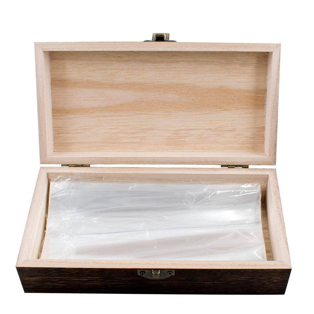 Wooden Storage Box with 100 PCS Clear Money Collection Display Case, Currency Sleeves Organizer Dollar Bill Holder for Paper Stamp Souvenirs Banknote Storage Kit Protector Bag (Deep Wood)
