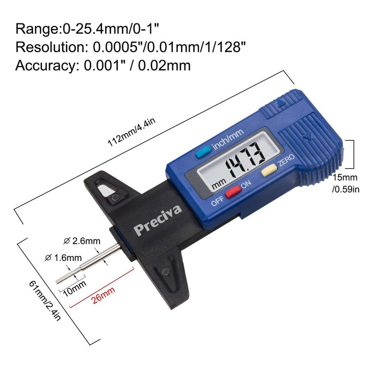 Tire Tread Depth Gauge, Preciva LCD Digital Tire Tread Depth Gauge Tool with Decimal Inch and MM Conversion of 0-1 Inches/ 0-25.4mm(NO 32nds Fraction Inch Display).