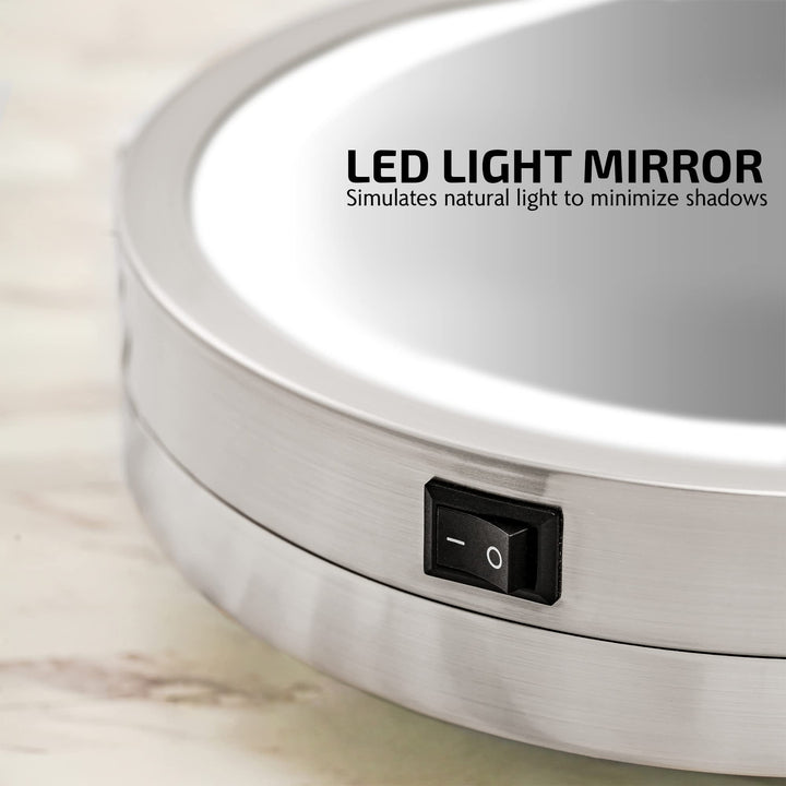 9 Lighted Wall Mount Makeup Mirror with 1X/7X Magnification, Cordless Double Sided Magnifying Round Vanity Mirror, 360° Swivel Design, Extendable and Folding Arm, Nickel Brushed MFW85BR1X7X