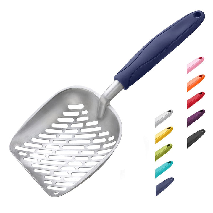 WePet Cat Litter Scoop, Aluminum Alloy Sifter, Kitty Metal Scooper, Deep Shovel with Diagonal Sifting Hole, Long Handle, Kitten Poop Lifter for Litter Box, Large Size, Blue Handle