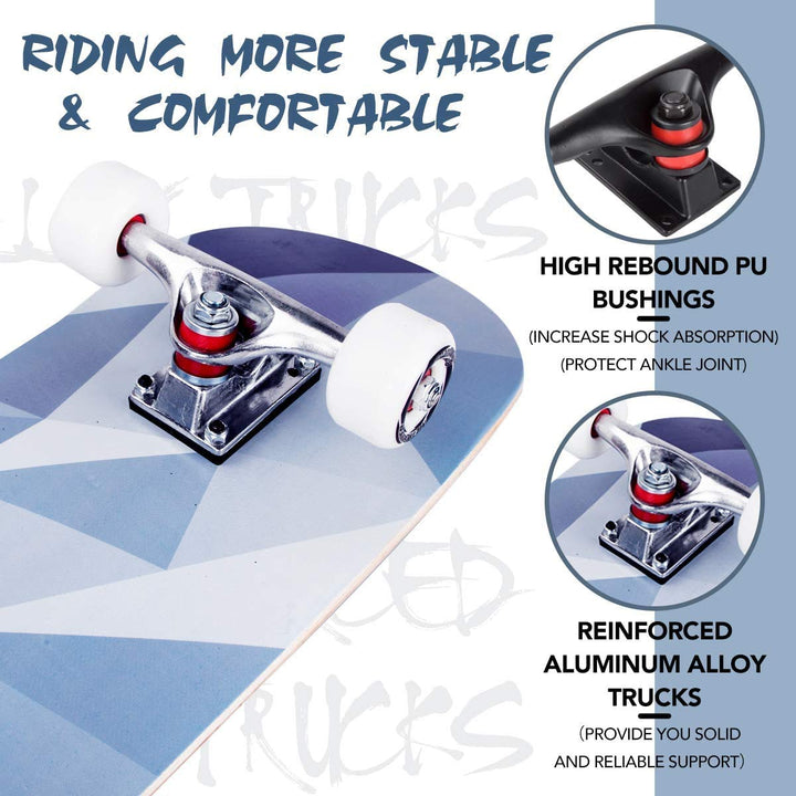 Skateboards for Beginners,31 x 8 Complete Standard Skate Boards for Girls Boys, 7 Layer Canadian Maple Double Kick Concave Skateboard for Kids Youth Teens Adults