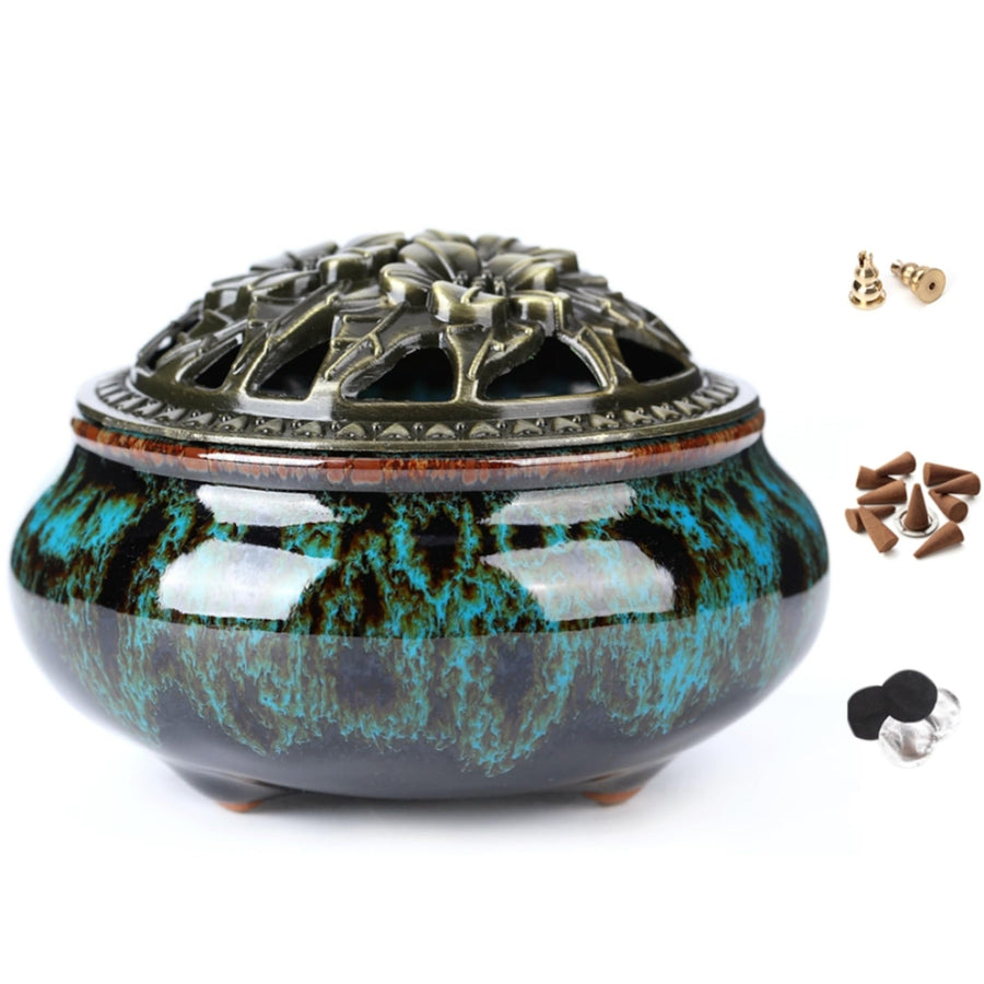 LAMDAWN Ceramic Incense Burner with Incense Stick Holder + Insulation use for Stick or Coil Incense, Sage Cones and Frankincense (Fambe Blue)