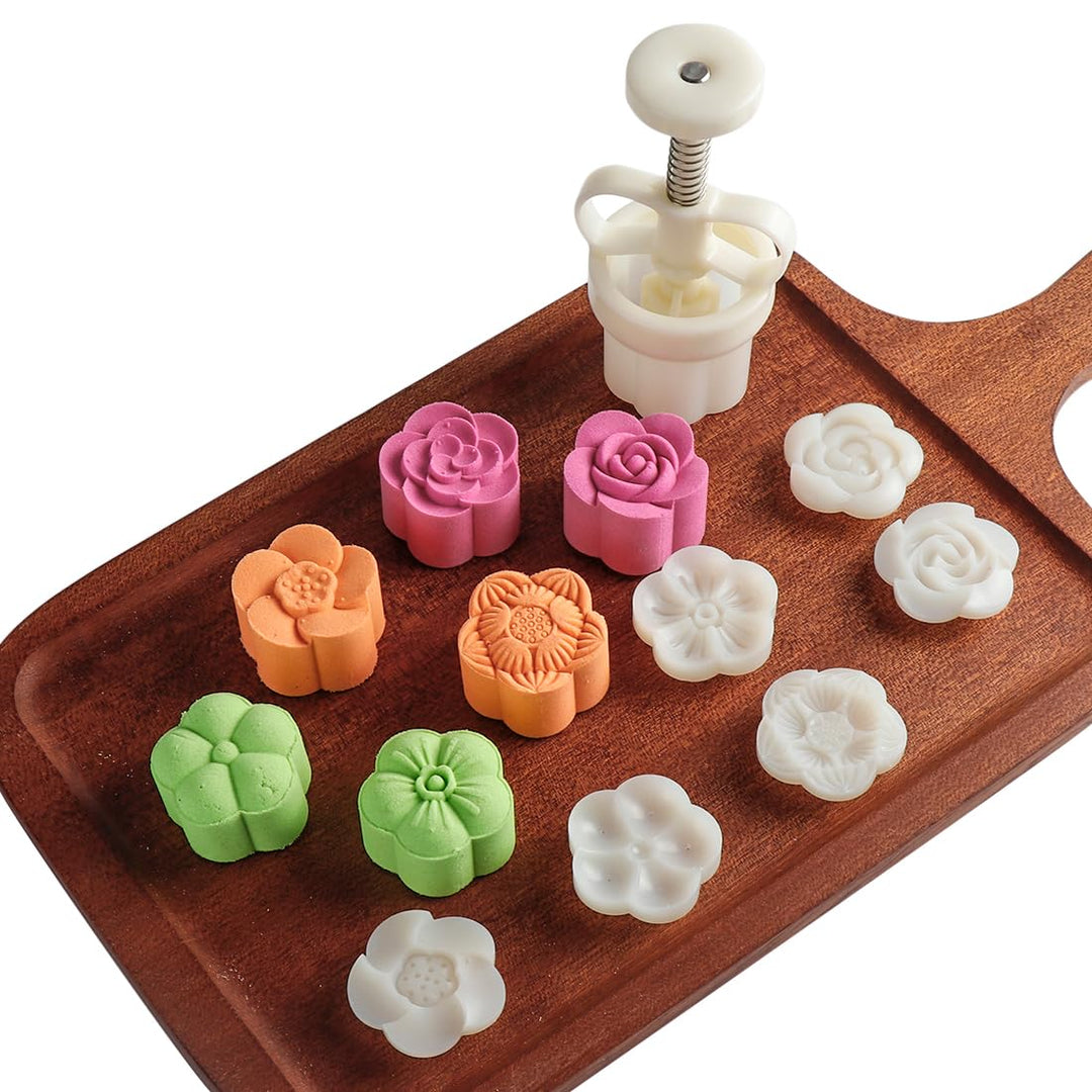 Moon Cake Mold Chinese Mid-autumn Festival Cookie Stamp Set, Thickness Adjustable 50g 6 Stamps Mooncake Shortbread Press DIY Decoration Hand Cutter Cake Polvoron Mold
