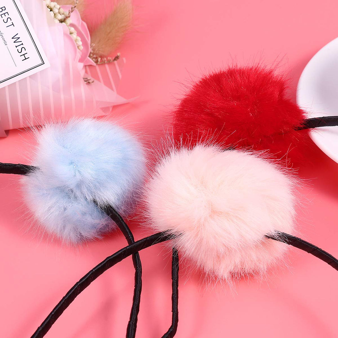 Frcolor Fuzzy Pom Pom Ball Hair Hoop Cat Ear Headband for Kids Girls (Sky Blue, Pink and Red, 3 Pieces)