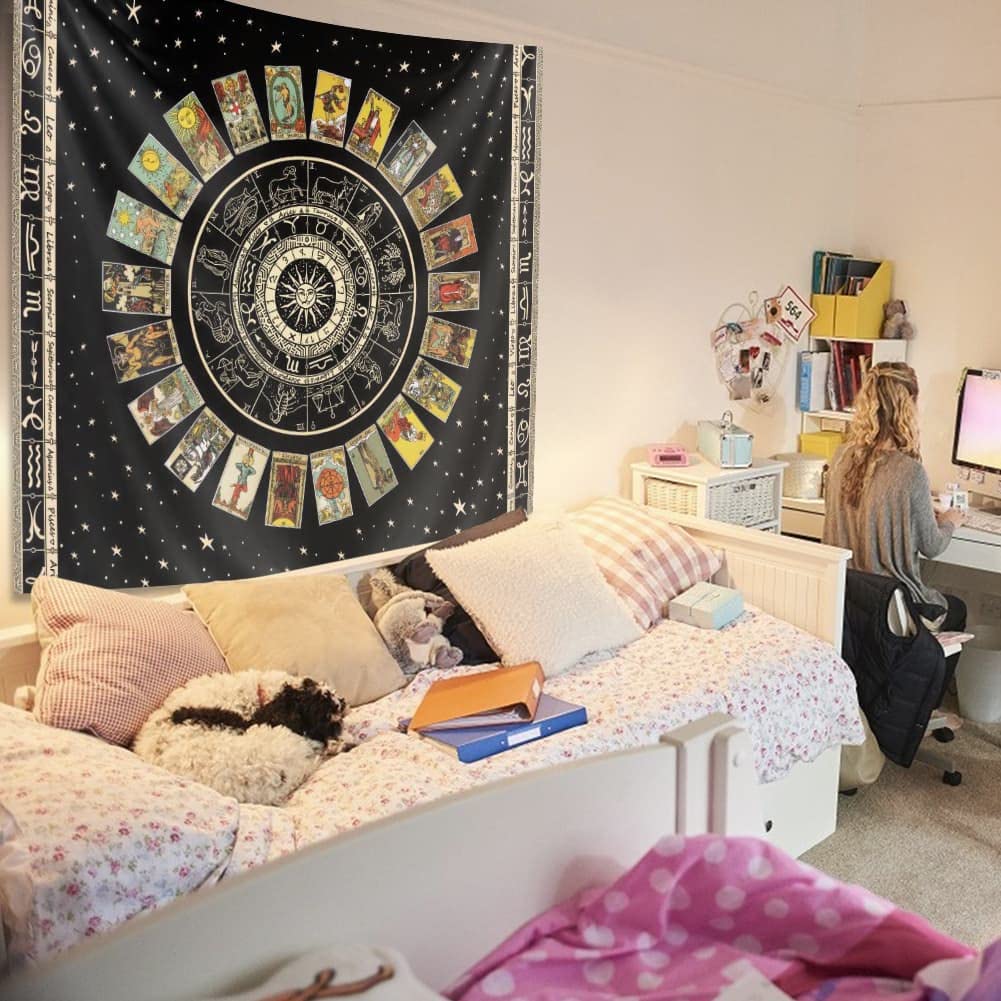 Spiritual Tapestry Star Tarot Card Tapestry Zodiac Astrology Tapestry Witch Constellation Tapestry Aesthetic Tapestry Wall Hanging for Teen Girl&#39;s Bedroom (Black 29x39 inches)