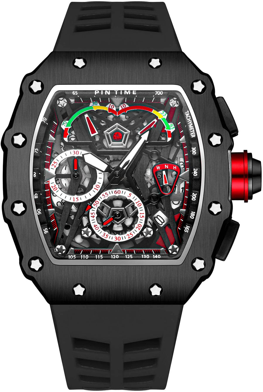 Mens Luxury Tonneau Square Watches Analog Punk Chronograph Unique Sports Wrist Watch Japanese Movement Luminous Design with Rubber Band (Black Black)