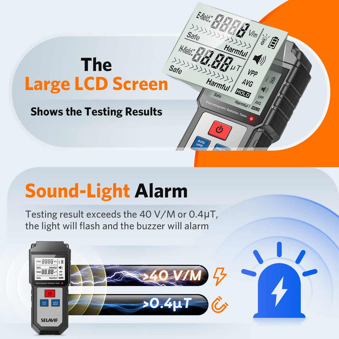 EMF Meter Electromagnetic Field Radiation Detector-Handheld Digital LCD Backlight EMF Detector for Home Office Outdoor Inspection with Sound-Light Alarm-Silver