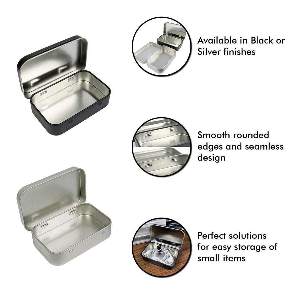 10 Pack Metal Rectangular Empty Hinged Tins Box Containers 3.75 by 2.45 by 0.8 Inch Black Mini Portable Box Small Storage Kit Home Organizer (10 Black)
