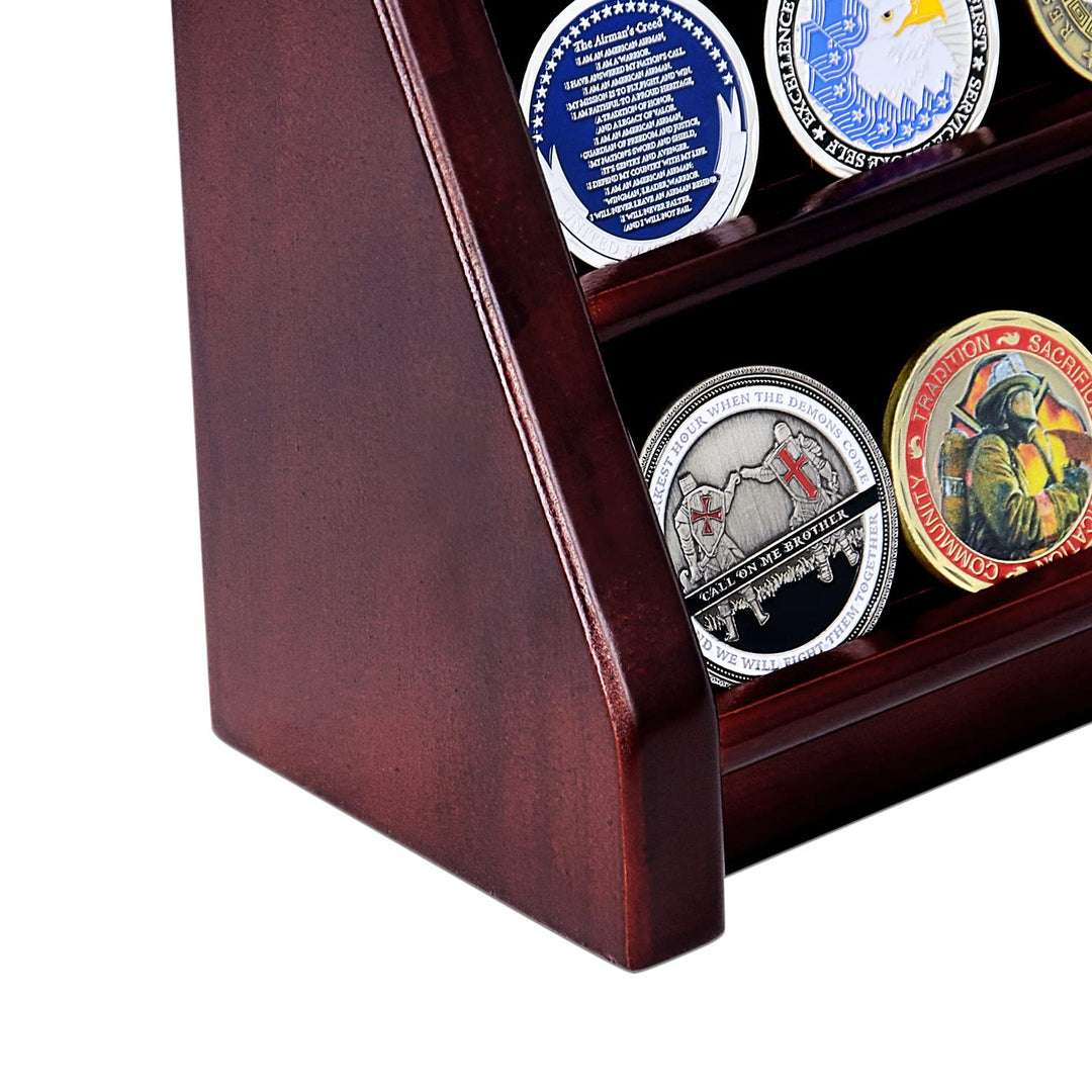 4 Rows Military Wooden Challenge Coin Display Case Wall Mountable Army Coin Holder Stand Rack, Holds 32 Coins, Mahogany